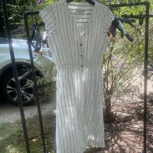 LOFT White and Black Striped Midi Dress